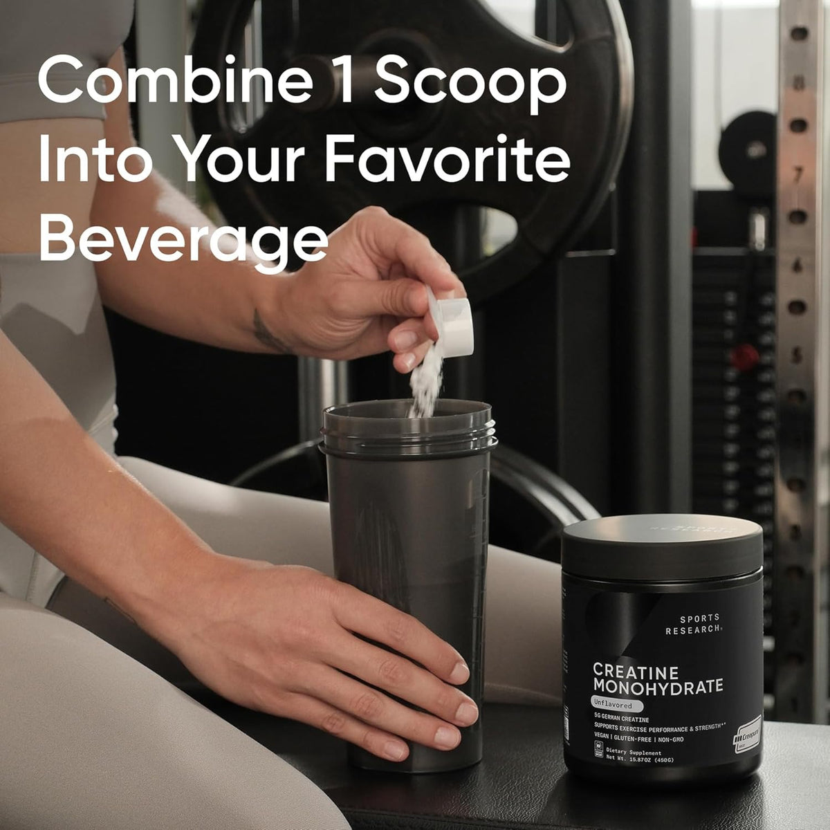 Premium German unflavored creatine powder mixing in water bottle