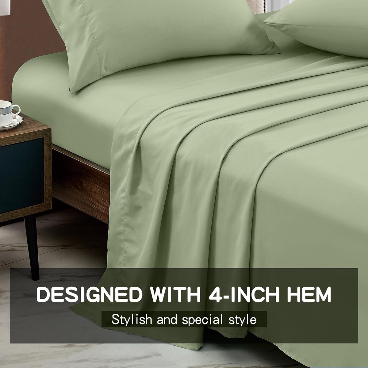 Sage green microfiber top sheet folded display