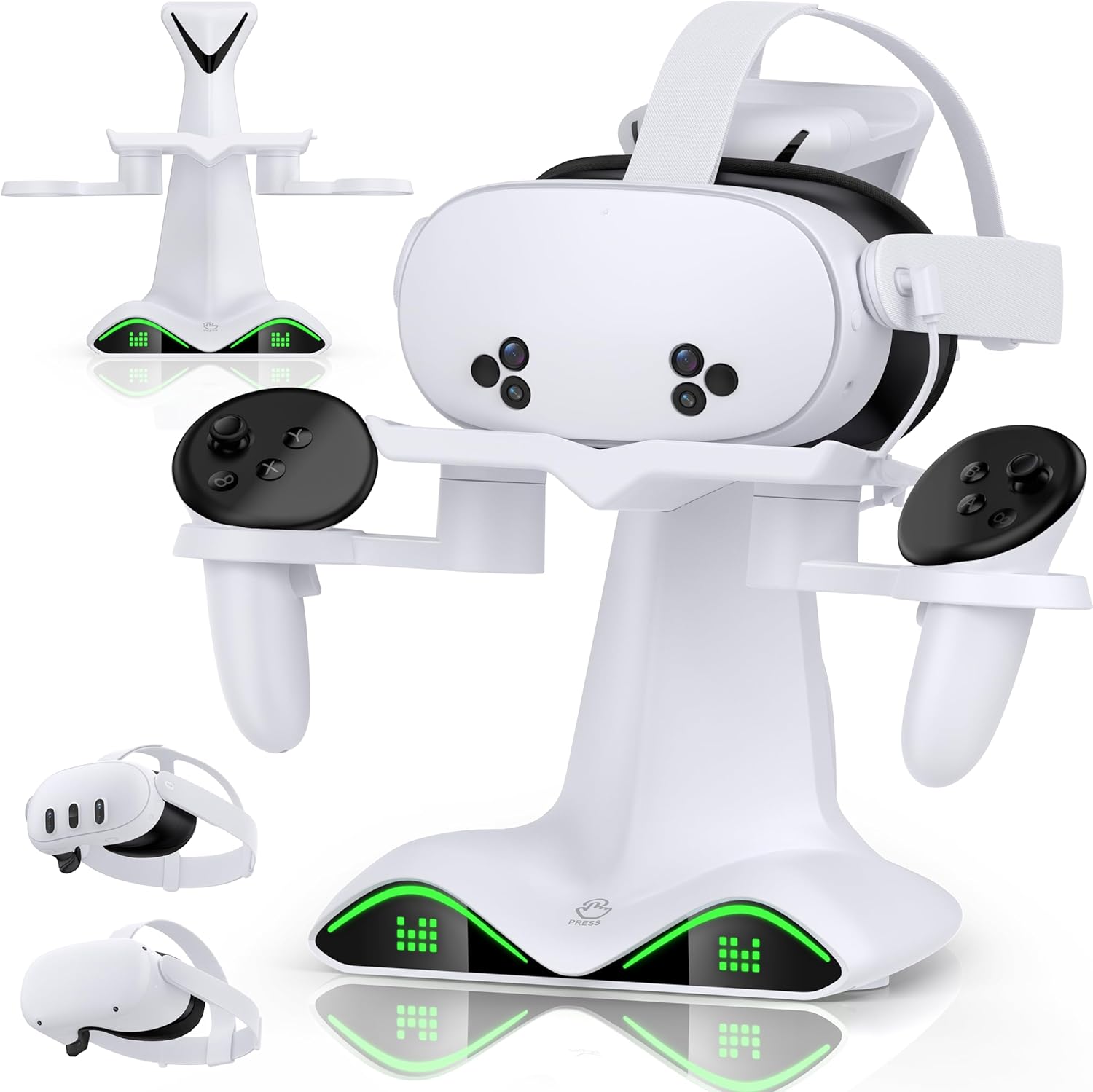 DXKK vertical charging dock front view showcasing Meta Quest headset and controllers securely stored
