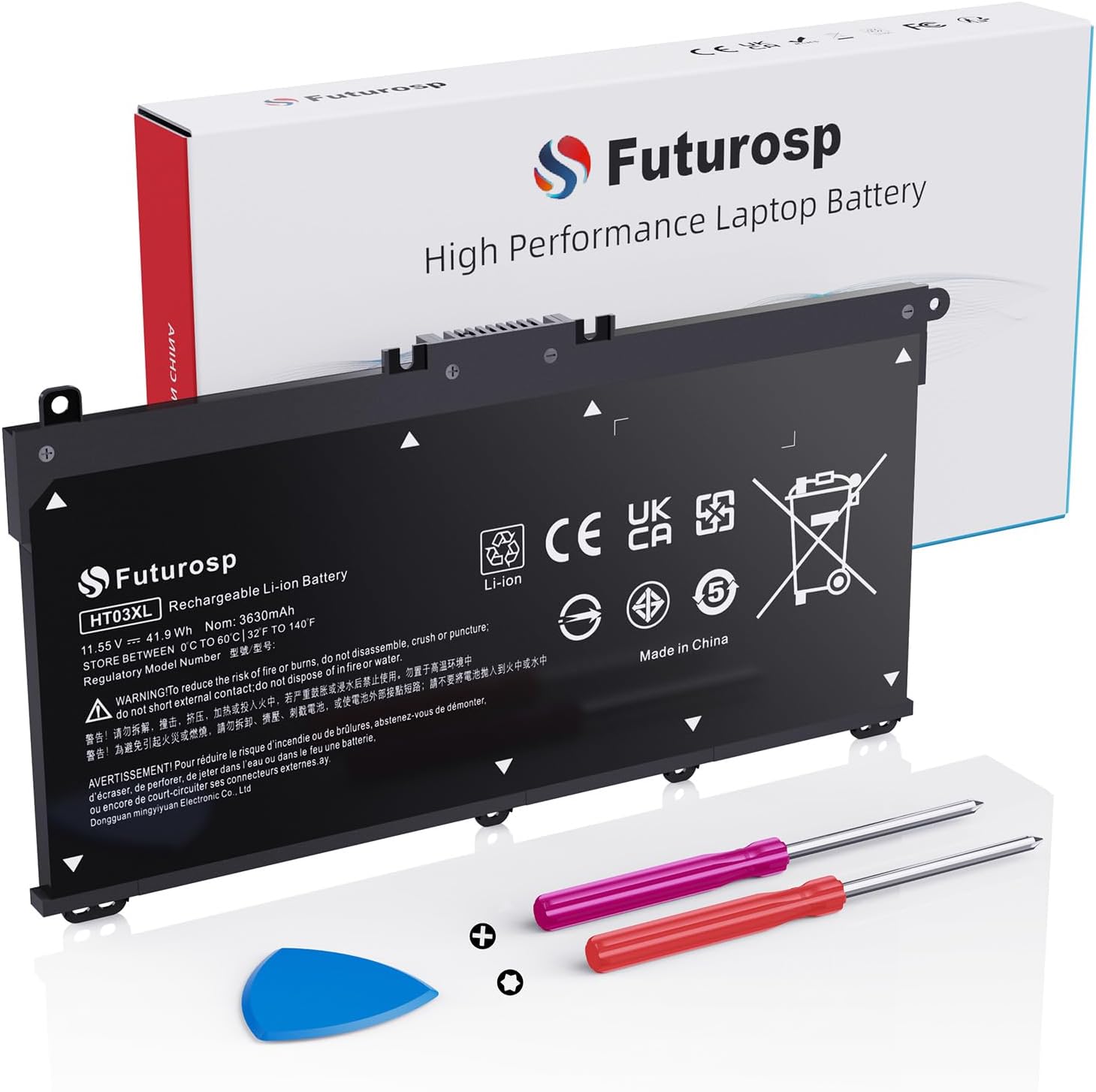 Futurosp laptop replacement battery front view showing sleek black three cell design for notebook computer repair.