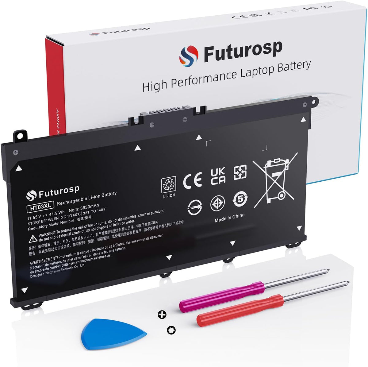 Futurosp laptop replacement battery front view showing sleek black three cell design for notebook computer repair.