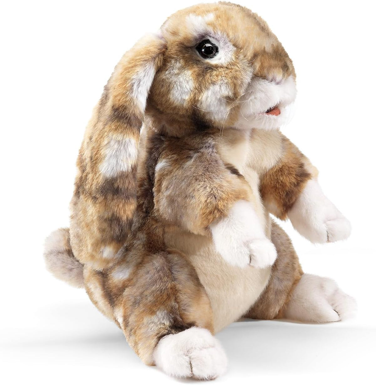 Folkmanis Silky Bunny Rabbit Hand Puppet front view showing soft brown and cream plush fur