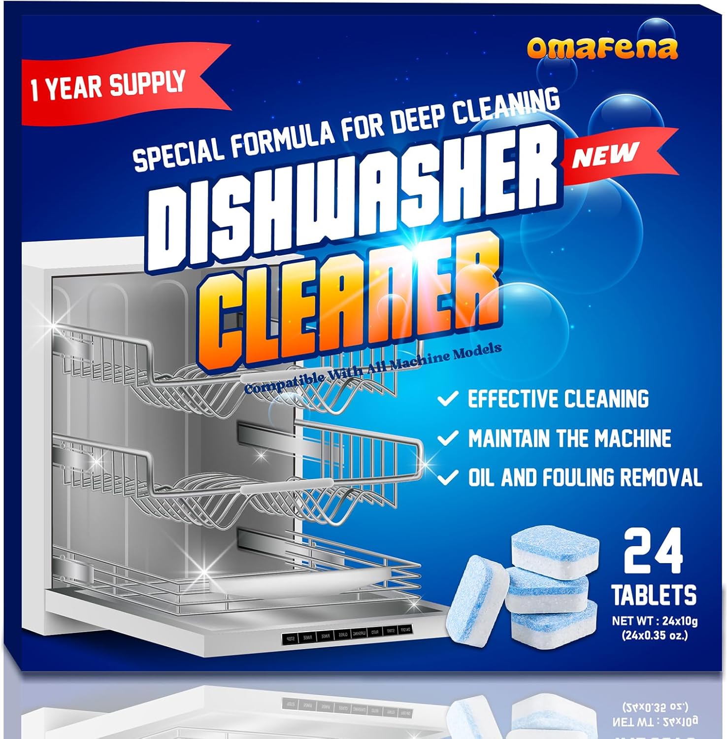 Dishwasher Fresh OmaFena dishwasher cleaner tablets front view pack of twenty four deep cleaning descaler pods