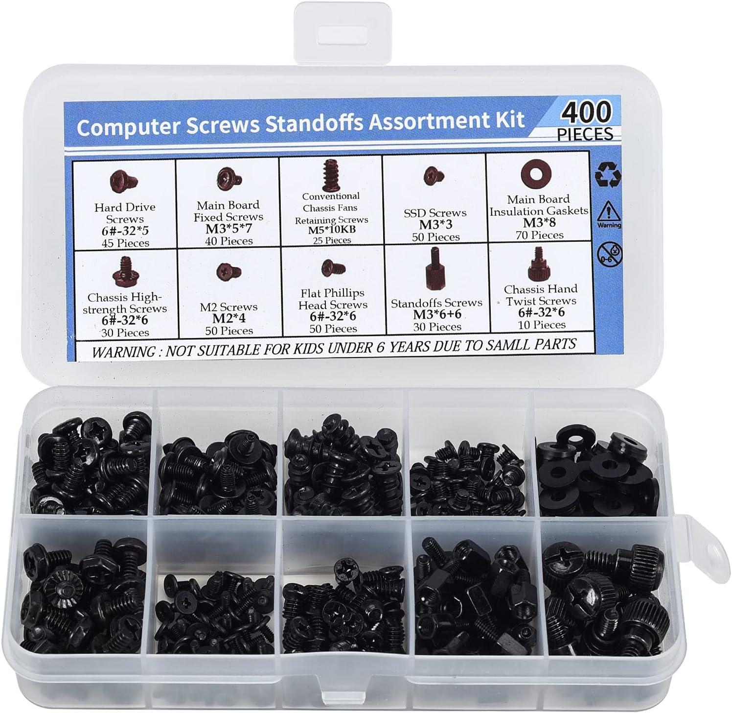 KBRPARTS 400 pieces computer screws motherboard standoffs assortment kit front view showcasing the organized plastic storage box.