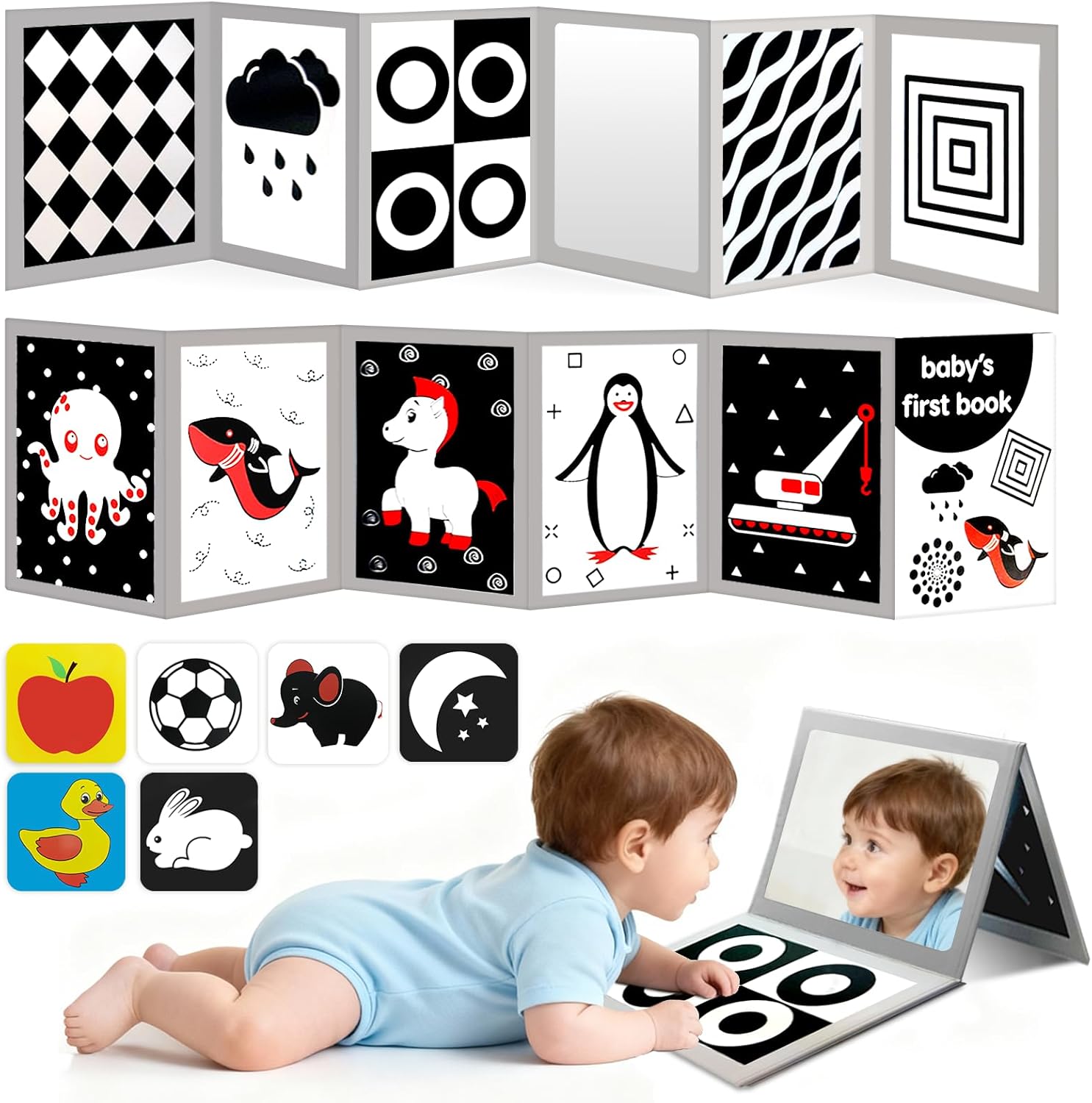 Zikhoobusik high contrast baby flashcards front view showing black and white educational patterns.