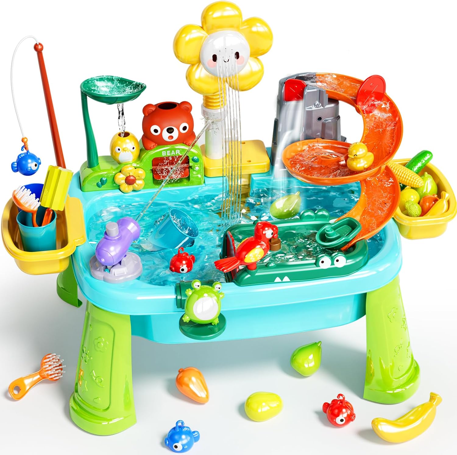 Pupu Pig toddler water table play sink front view featuring the bright sunflower electric faucet