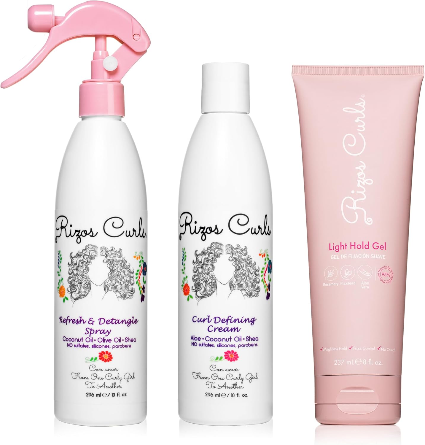 Rizos Curls Styling Starter Kit, Refresh and Detangle Spray & Curl Defining Cream & Light Hold Gel Bundle, Enhance & Define Curls, Add Volume & Hold, Frizz Control & Shine - Image 1