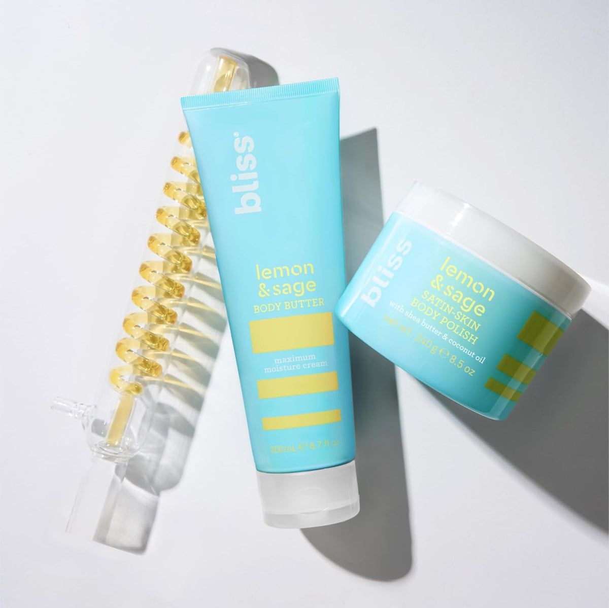 Bliss imported skincare gift set packaging showing the full list of body benefits.