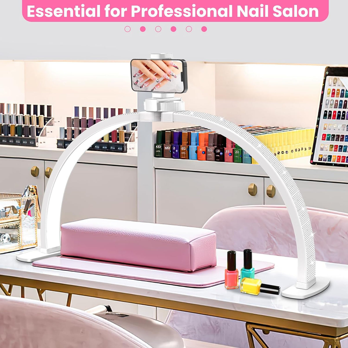 Hands free phone holder setup on Uiopy rhinestone LED nail lamp
