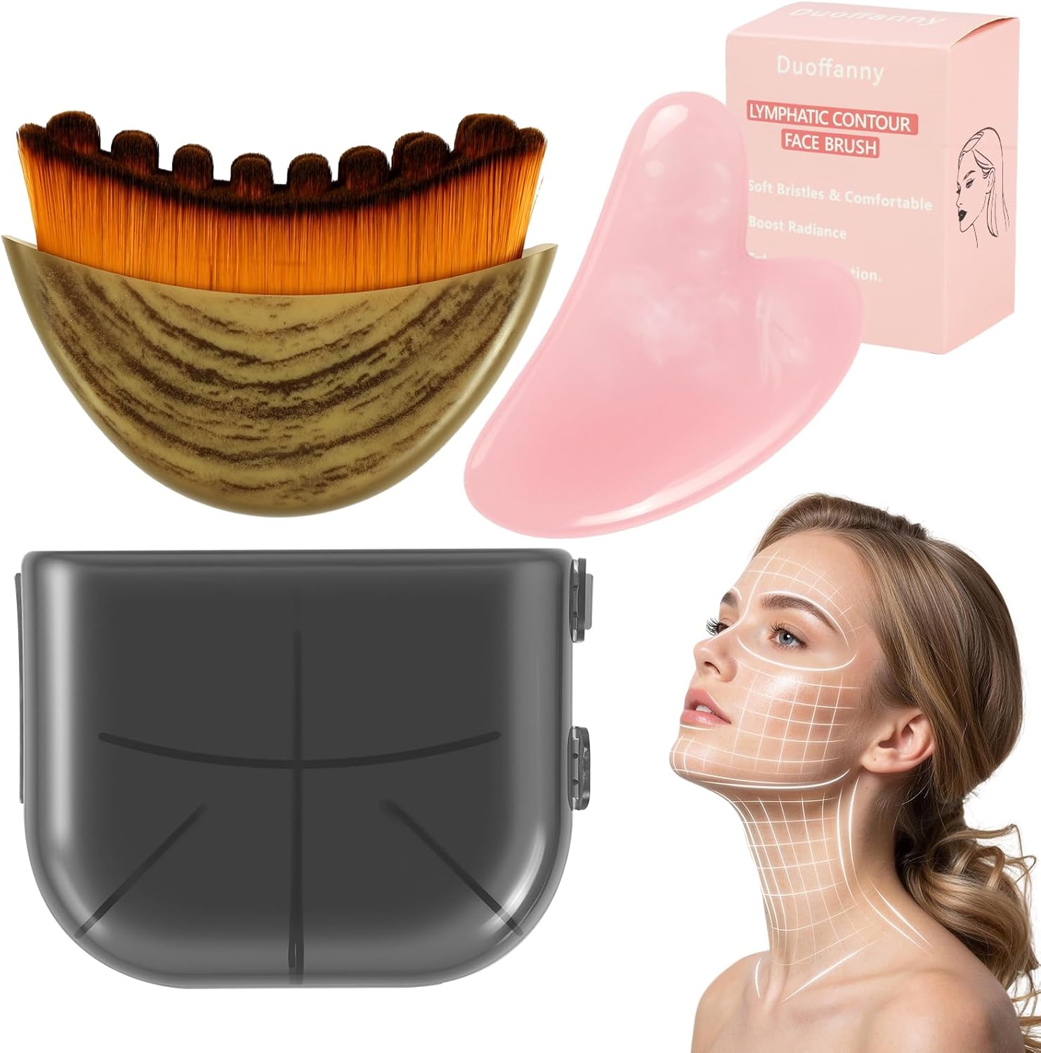 Duoffanny Lymphatic Contour Face Brush and Jade Gua Sha 2-piece skincare set front view for facial massage