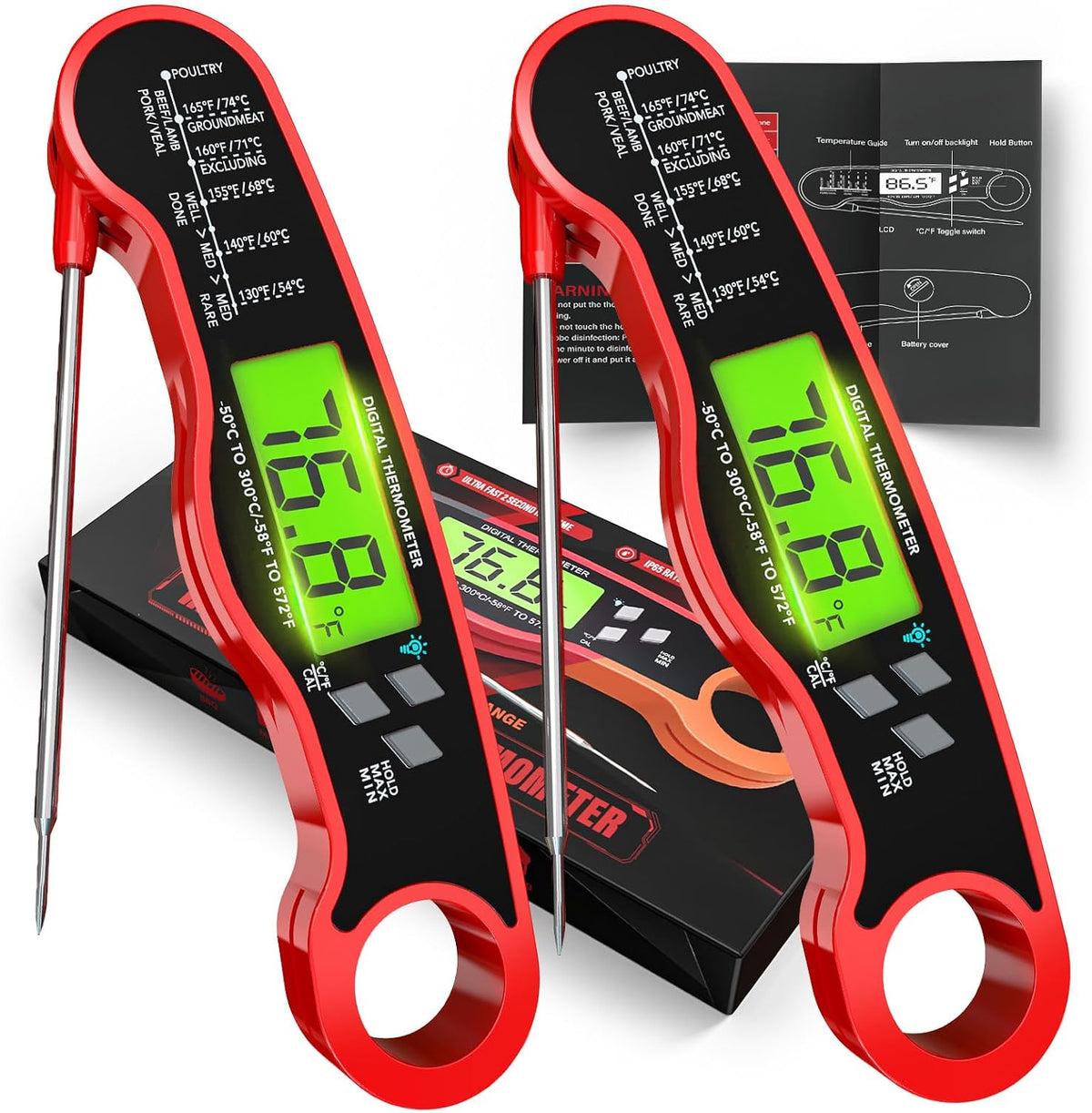 AWLKIM Meat Thermometer Digital, Instant Read Food Thermometer, Red | Waterproof cooking thermometer with doneness chart, backlight, F/C switch for BBQ, candy, oil - Image 10