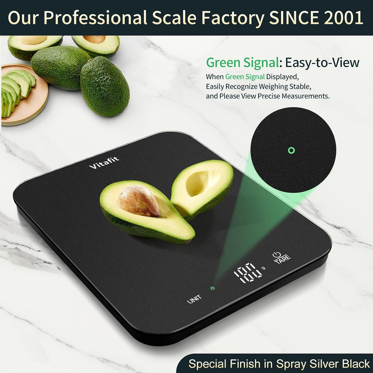 Vitafit digital food scale LED display lighting up in kitchen setting