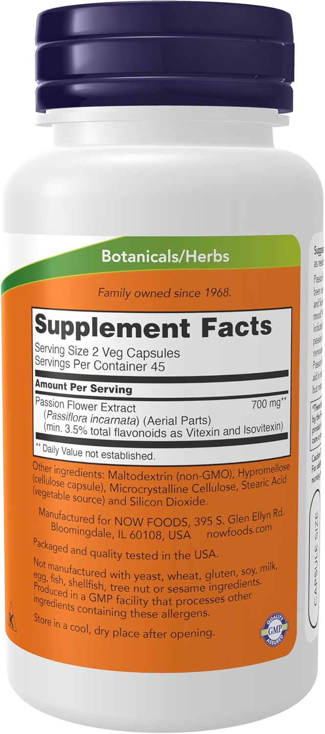 Now Foods passion flower 350mg vegetarian capsules packaging label details
