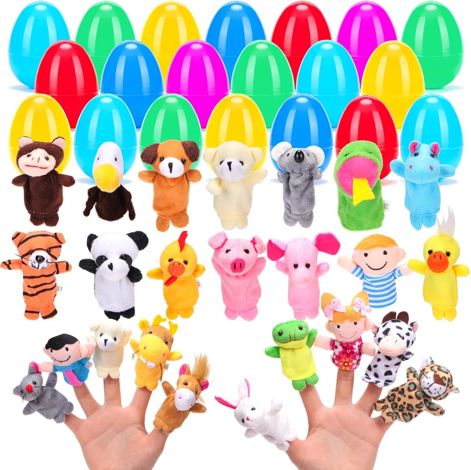YEAHBEER 24 Pieces Prefilled Easter Eggs with plush animal finger puppets front view assortment