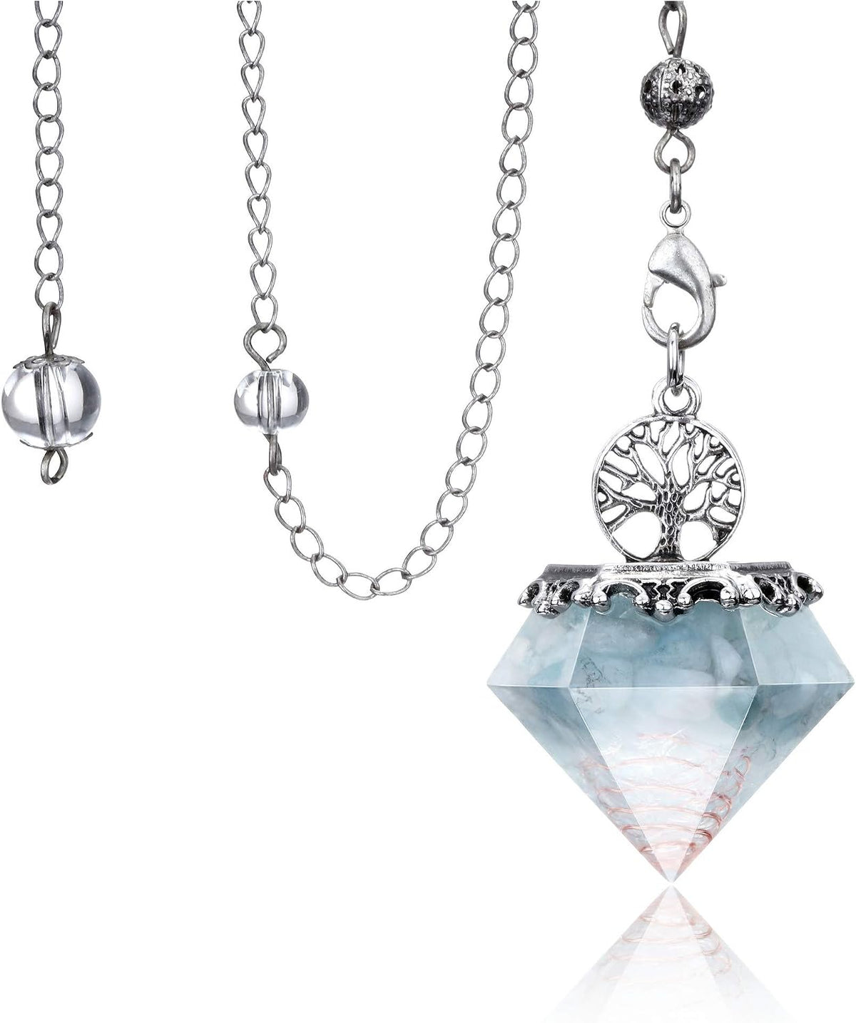 VadiForest aquamarine crystal dowsing pendulum front view showing crystal point