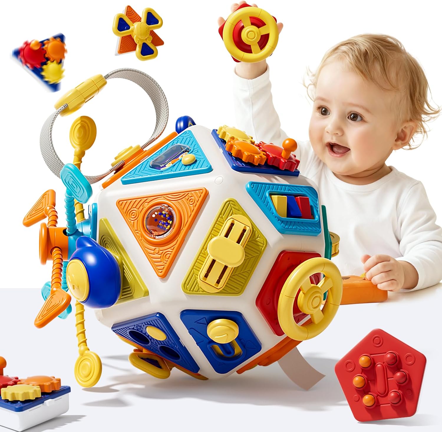 Oppvoci 22 in 1 toddler busy board activity cube front view showing colorful gears and buttons for sensory play