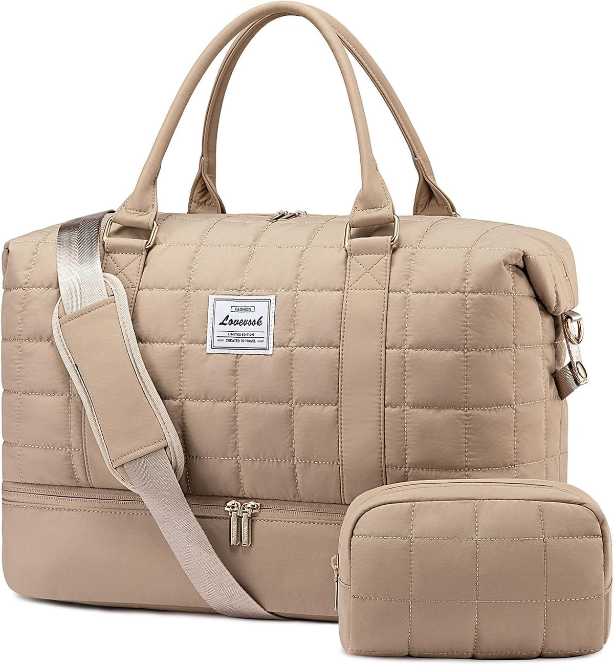 LOVEVOOK Large Duffle Bag for Travel, Puffer Weekend Bags for Women Travel Tote, Carry on Duffel Bag for Airplanes, 18 Inch Personal Item Bag Gym Bag Women, Black-White-Brown - Image 11