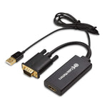 Cable Matters VGA to HDMI adapter front view showcasing the black active converter box with branding.