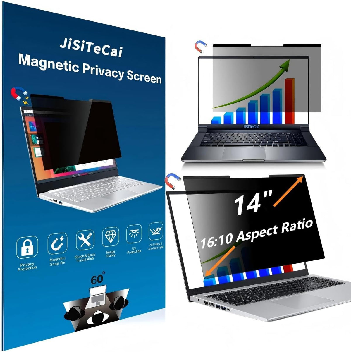 JiSiTeCai 14 inch magnetic privacy screen front view on laptop