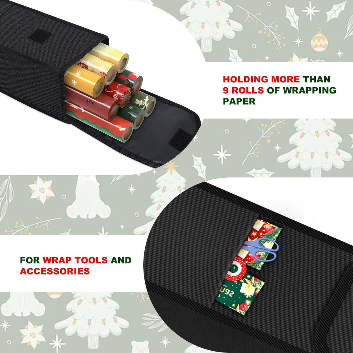Demao gift wrap organizer showing zipper and handle details