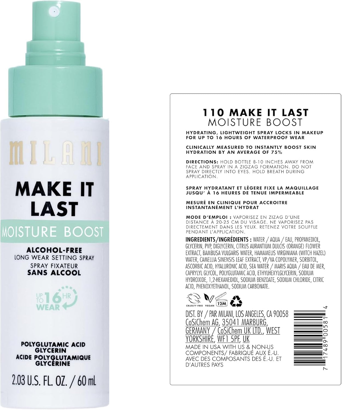 Milani setting spray bottle showing alcohol-free and hydrating benefits