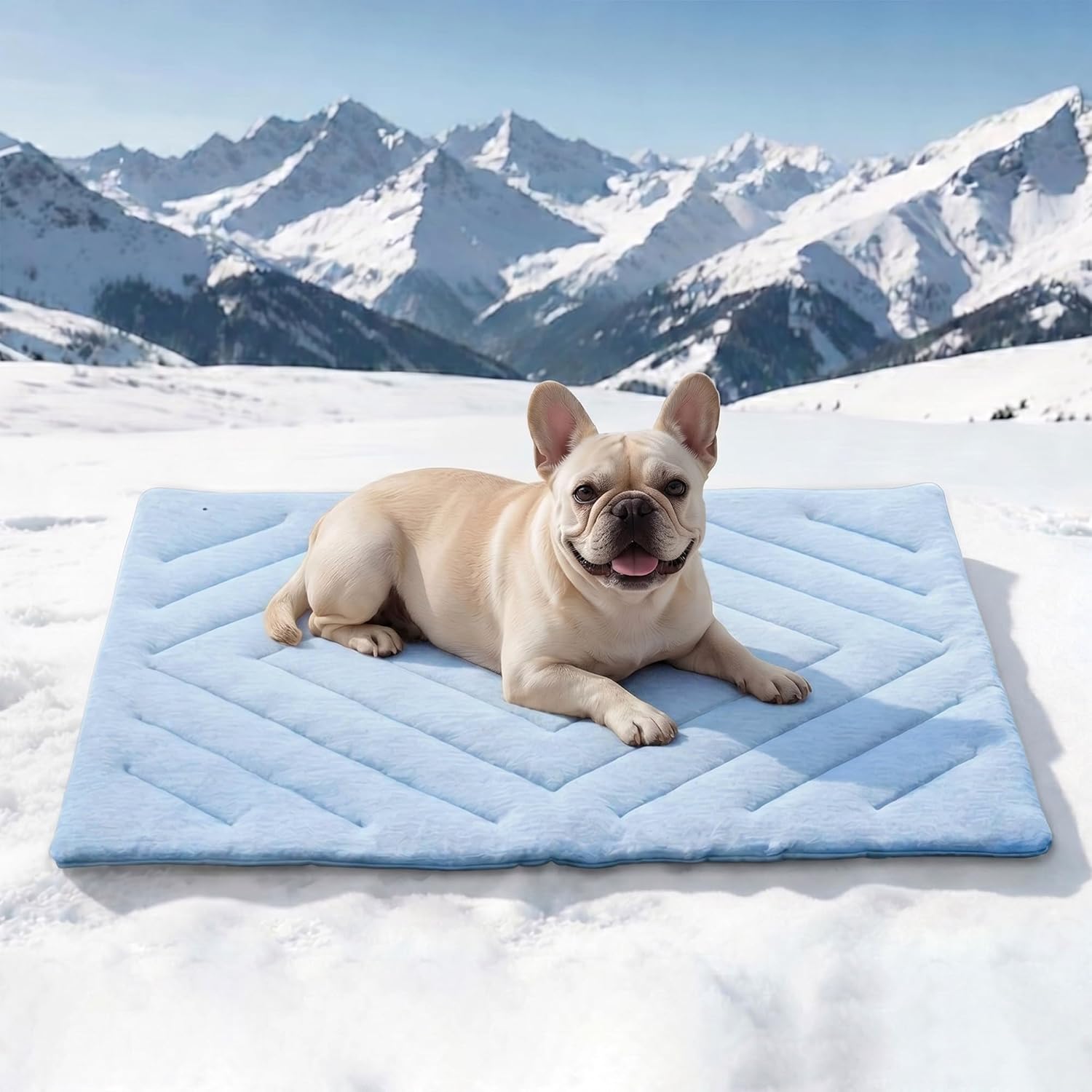 BECROWM dog cooling mat front view showing the blue rectangle self cooling fabric surface.