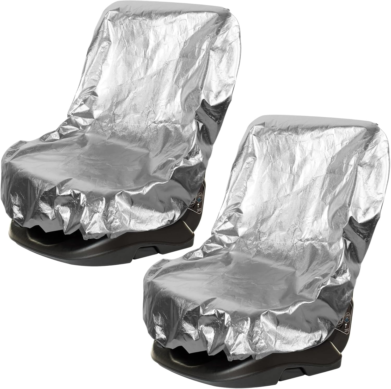 BBTO car seat sun shade covers front view showing reflective silver aluminium material on an infant car seat.