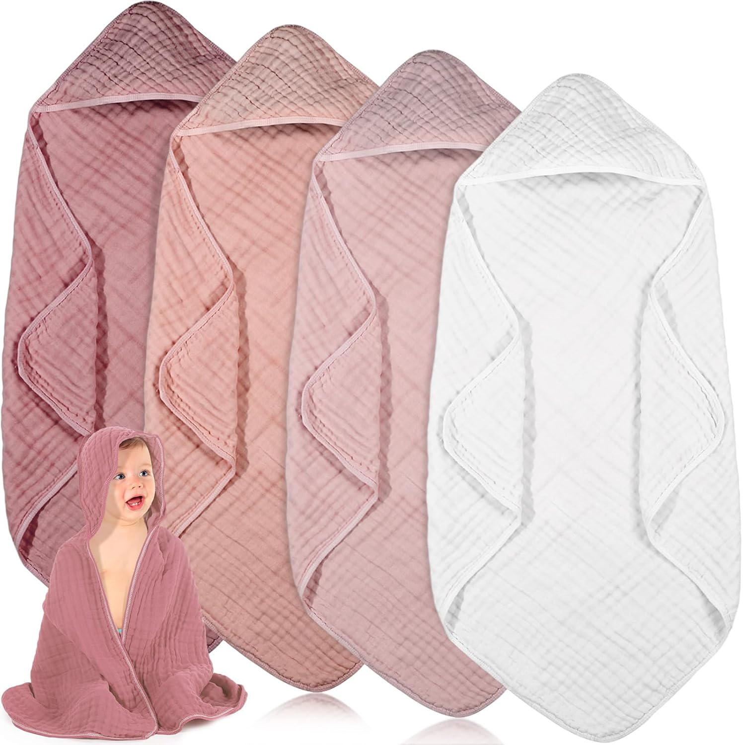 Peryiter 4 Pcs Muslin Hooded Baby Towels in light pink front view