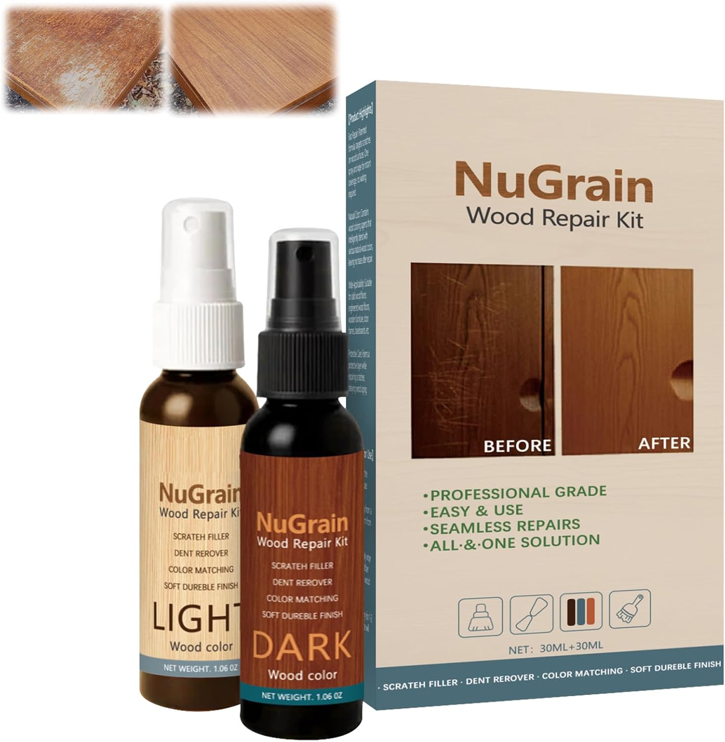 FIYADWZH NuGrain Wood Repair Kit front view showcasing dual bottle packaging for color mixing on hardwood floors.