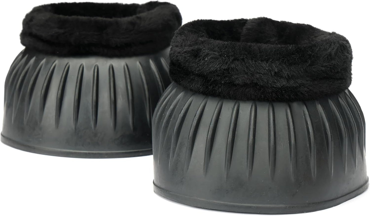 Full size black overreach horse boots pair showcasing the heavy duty 6mm shock absorbing construction.