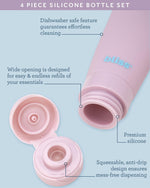 Bliss refillable travel shampoo and lotion bottles in multicolor options.