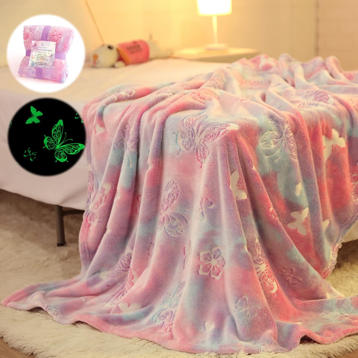 Anowpo glow in the dark butterfly blanket front view showing the pink and blue pattern