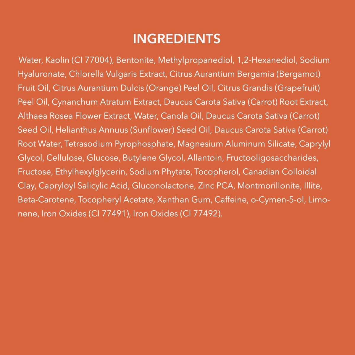 Main ingredients highlighting Kaolin clay and Zinc PCA for oil control.