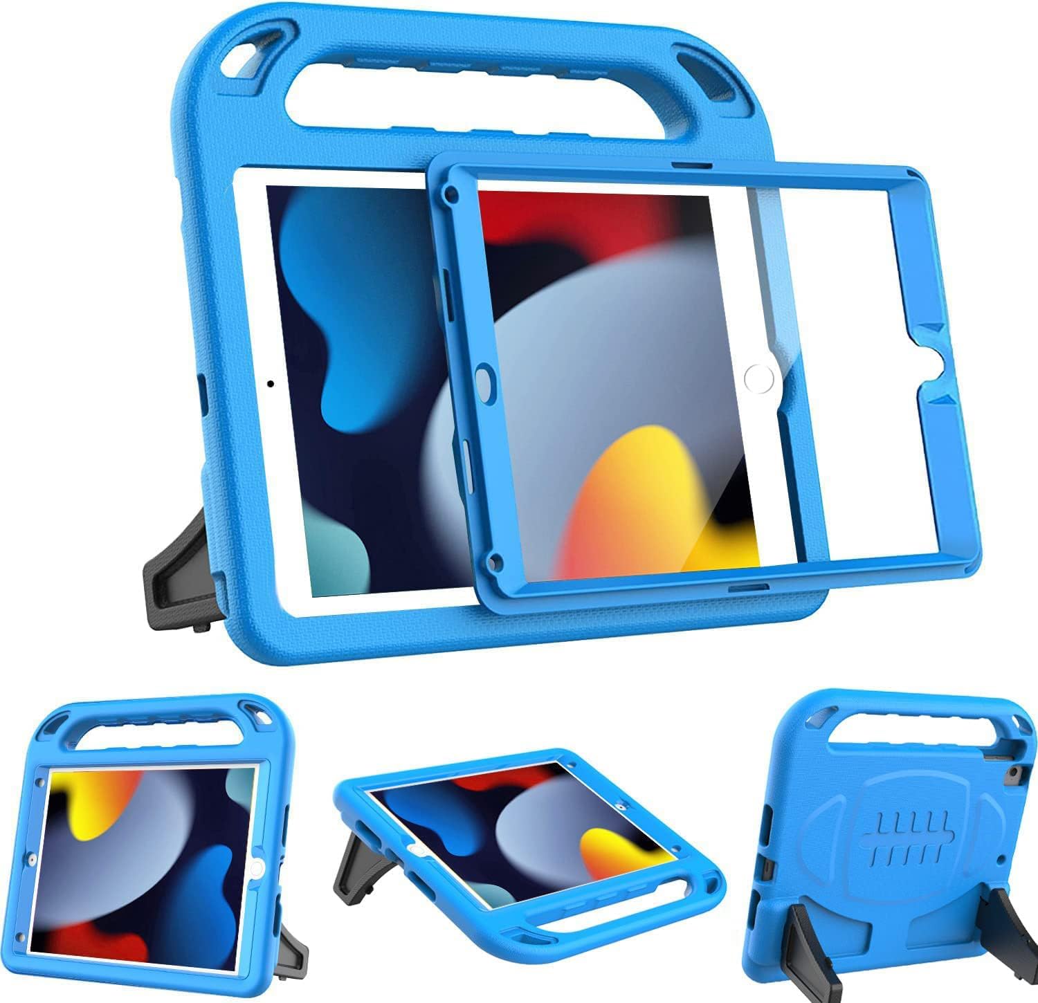 BMOUO Kids Case iPad 10.2 front view showing blue shockproof frame and built-in screen protector