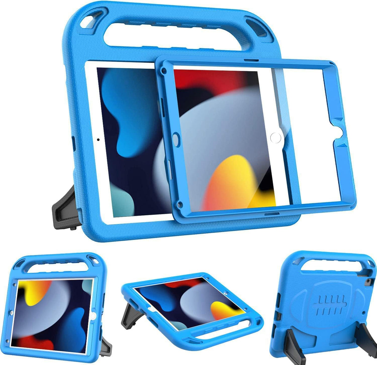 BMOUO Kids Case iPad 10.2 front view showing blue shockproof frame and built-in screen protector