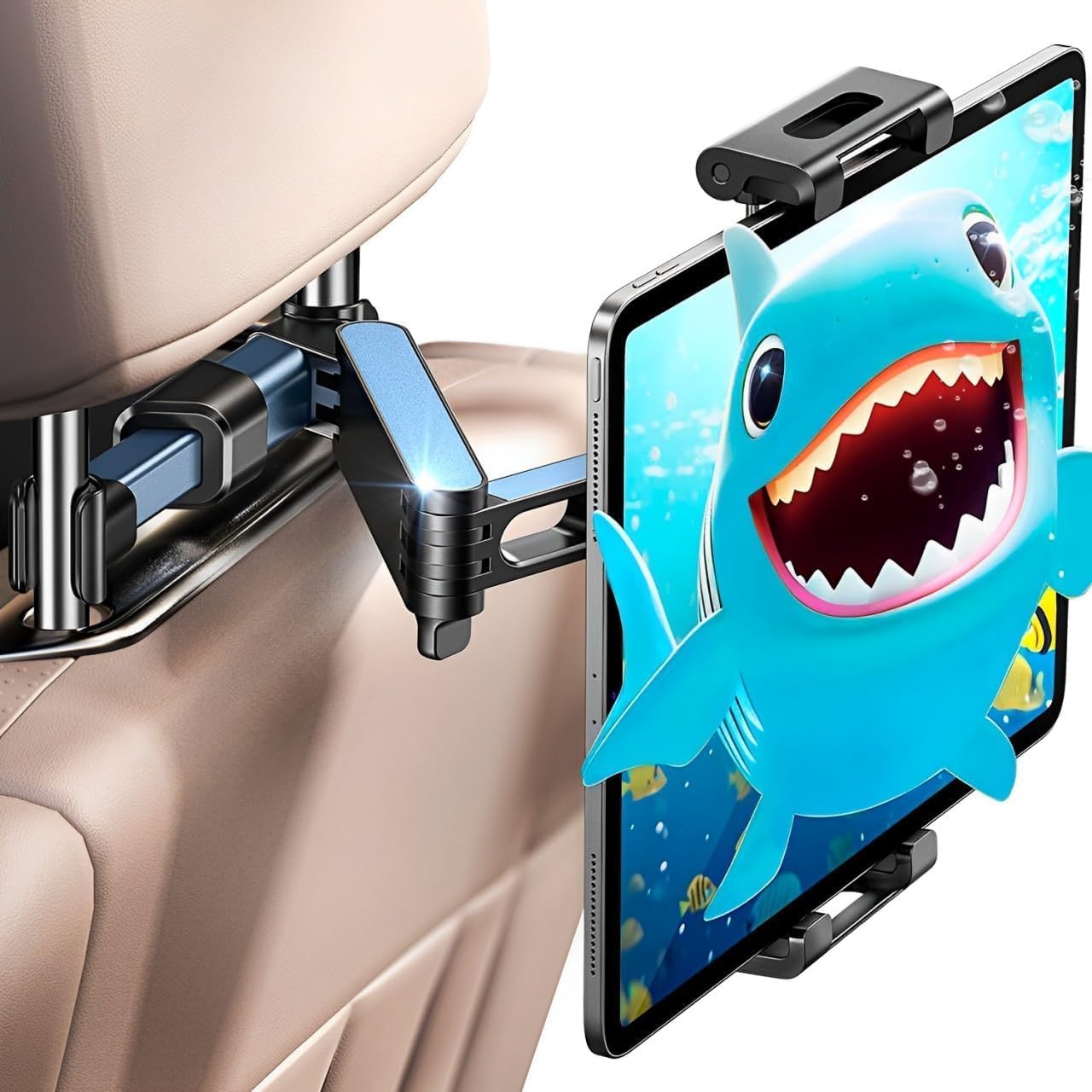 LMADFLY car headrest tablet mount front view holding an iPad in backseat