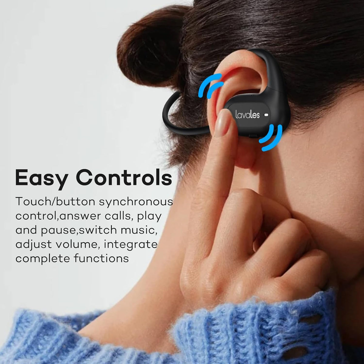 Lavales wireless open ear earbuds shown in use for outdoor hiking and fitness