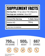 BulkSupplements Betaine HCl Powder packaging label details
