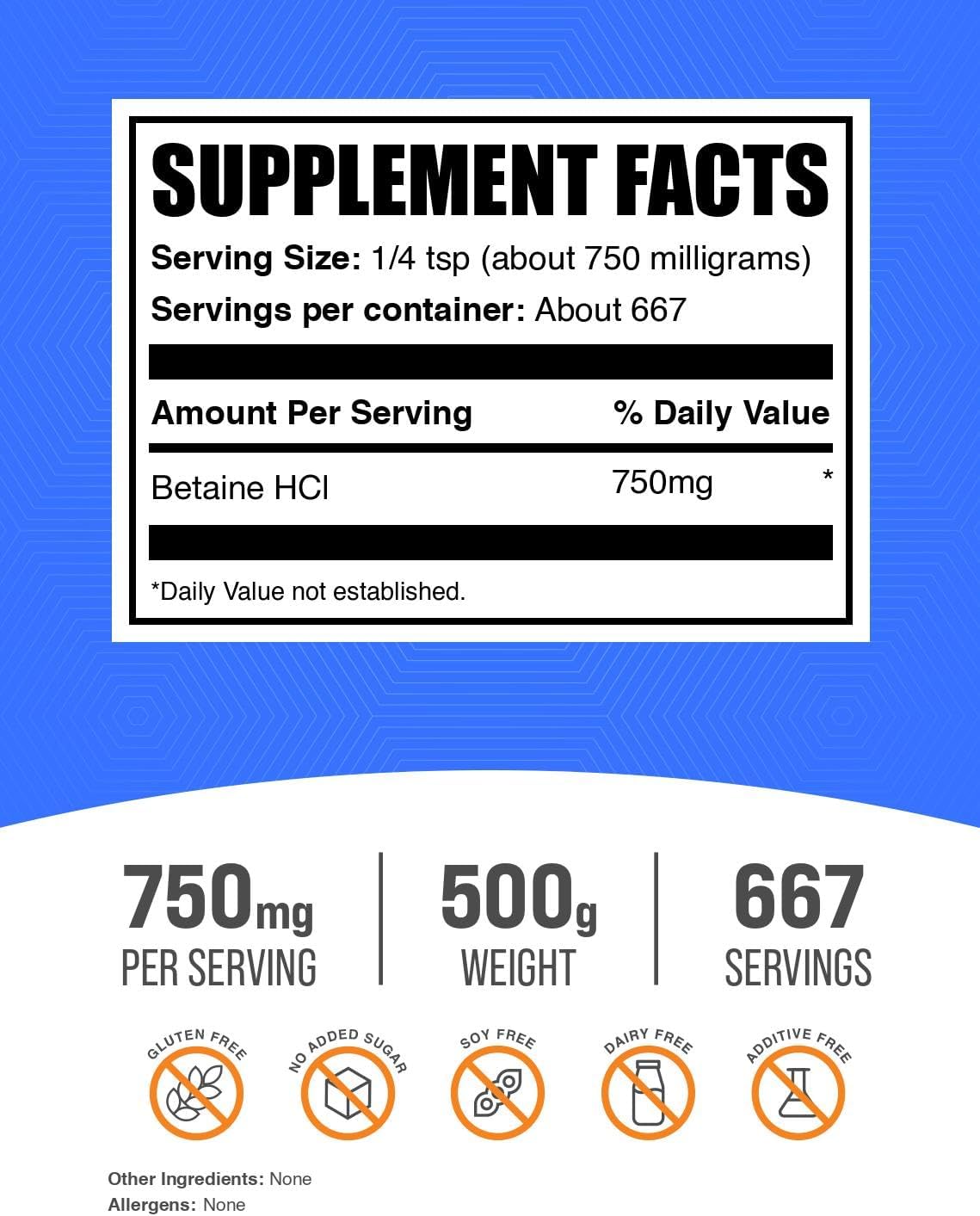 BulkSupplements Betaine HCl Powder packaging label details