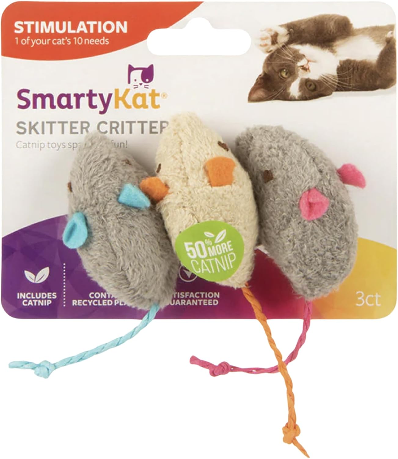 SmartyKat Skittercritters catnip mice 3 pack front view