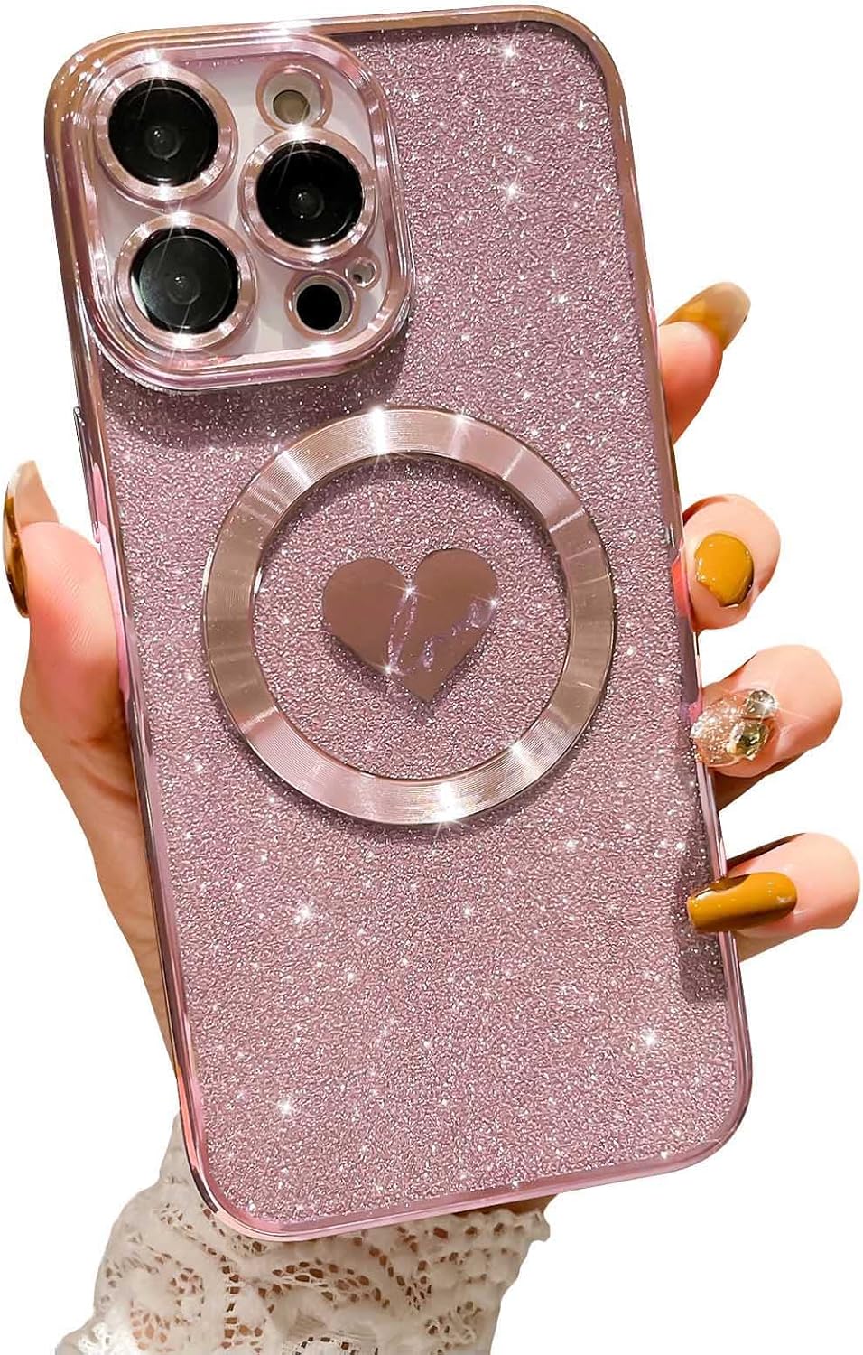 Compatible with iPhone 11 Pro Max 6.5 Inch Case with Magsafe, Plating Heart Glitter Magnetic Case for Women Girl TPU Camera Protection Back Cover for iPhone 11 Pro Max Pink - Image 11