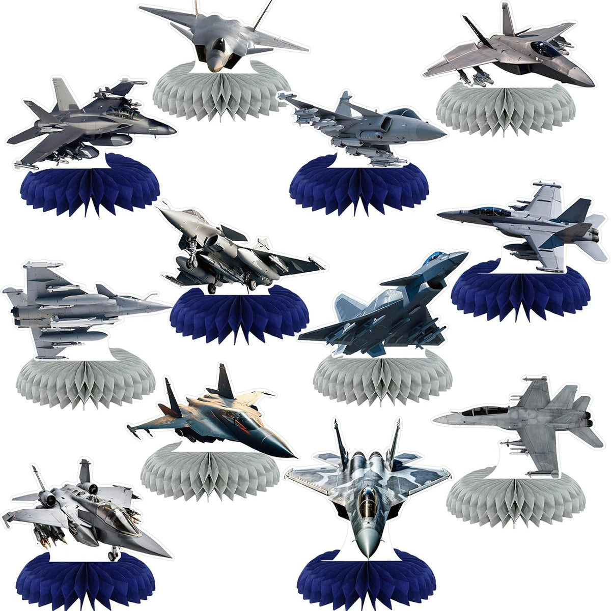 Liangss 12 piece fighter jet honeycomb centerpieces front view