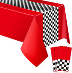 Irenare racing car party tablecloth front view showing red design with black and white checkered racetrack pattern