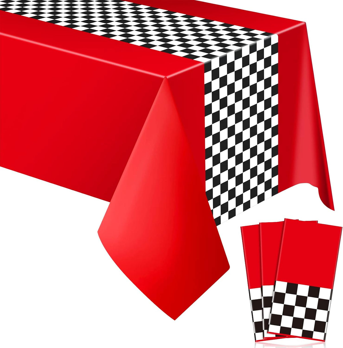 Irenare racing car party tablecloth front view showing red design with black and white checkered racetrack pattern
