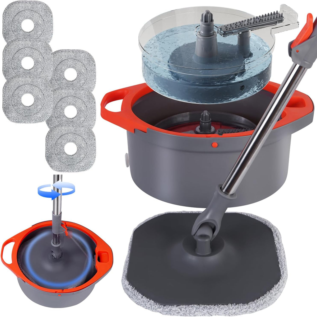 WENGROU Spin Mop and Bucket front view showing dual water separation system