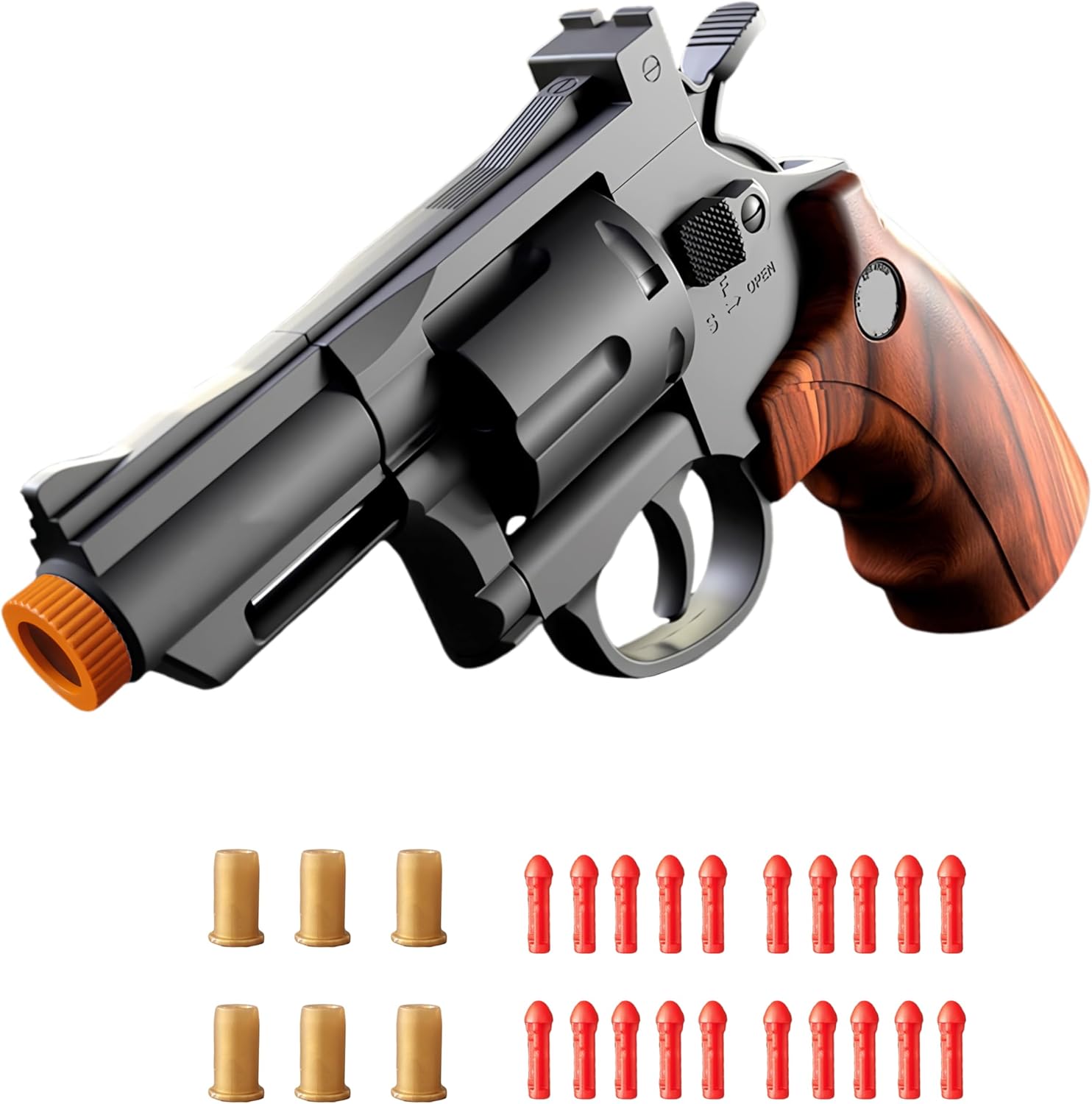 Generic soft bullet toy revolver front view showcasing the brown wooden style grip and orange safety muzzle.