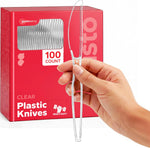 GUSTO 100 Pack Heavy Duty Disposable Clear Plastic Knives front view for event catering.