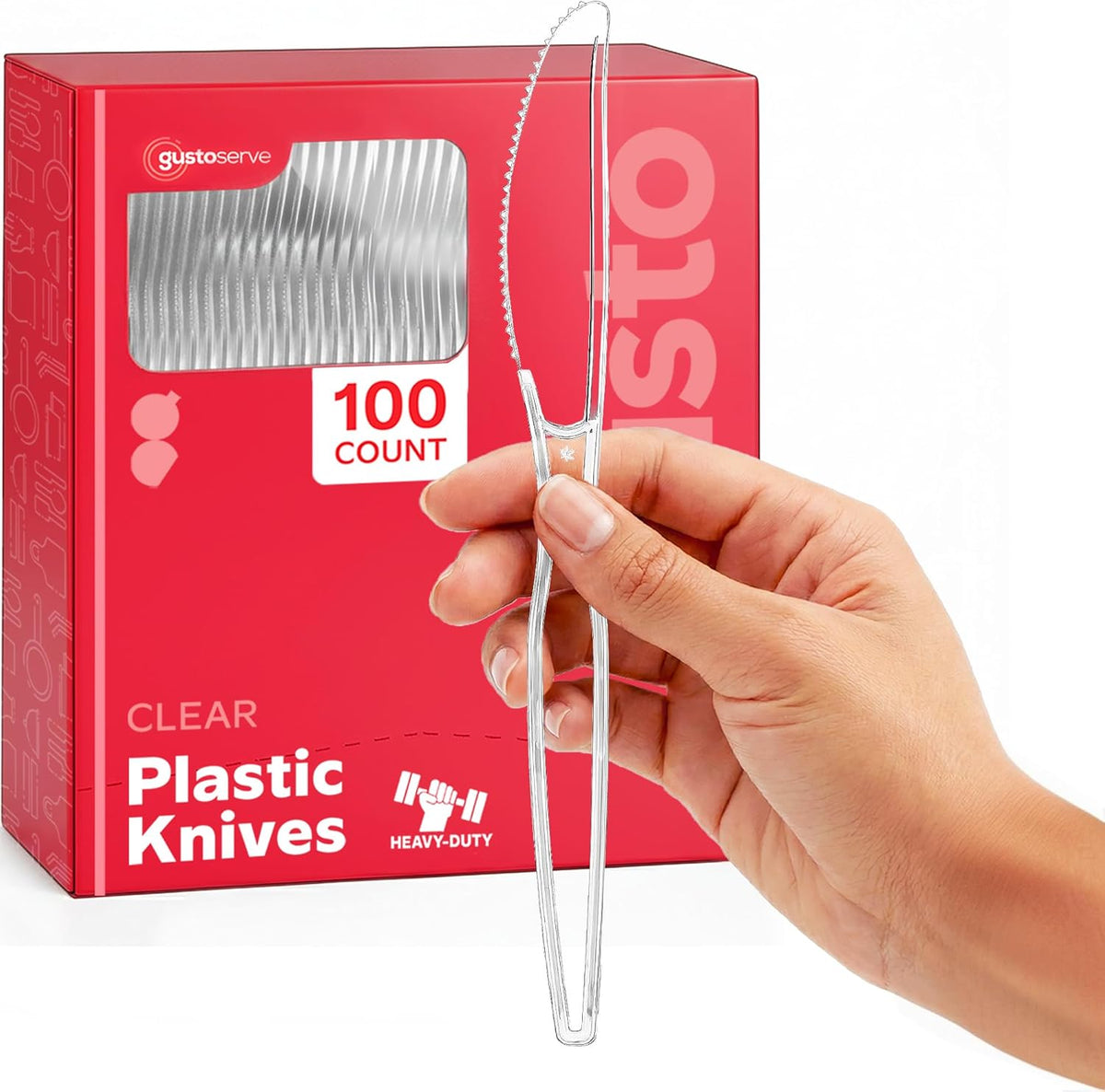 GUSTO 100 Pack Heavy Duty Disposable Clear Plastic Knives front view for event catering.