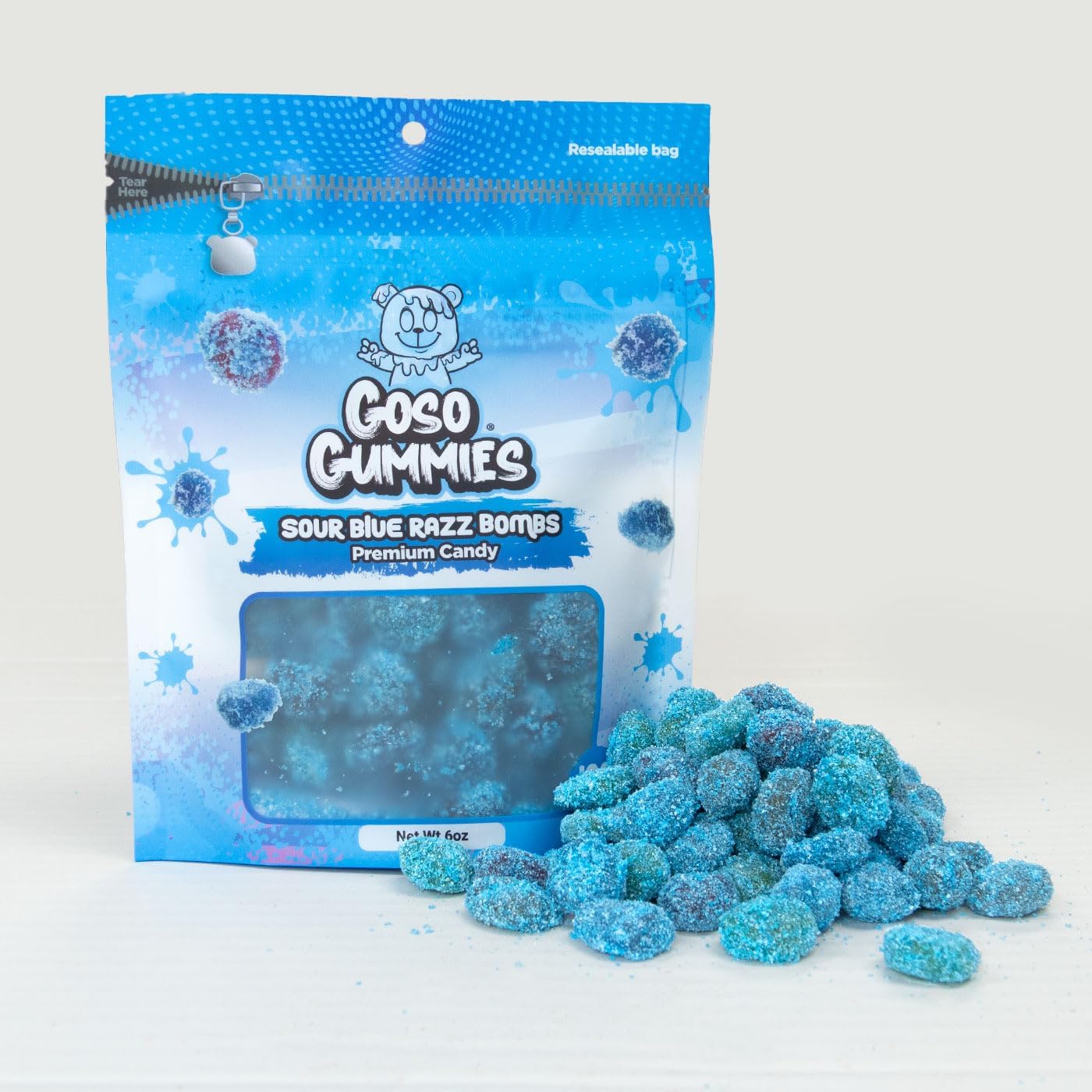 Goso Gummies Sour Blue Razz Gusher Bombs front view bag packaging
