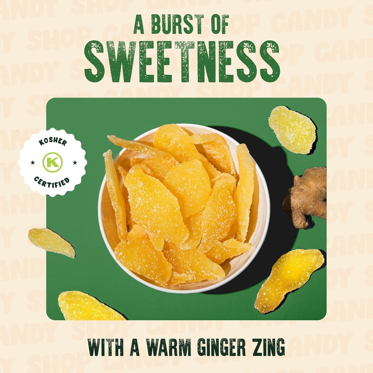 Chewy sweet and spicy dried ginger snacks close up view
